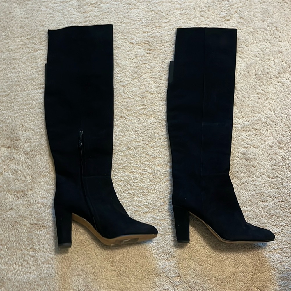 Black suede over the knee boots, 3 inch heal, zips half way up, elastic drip